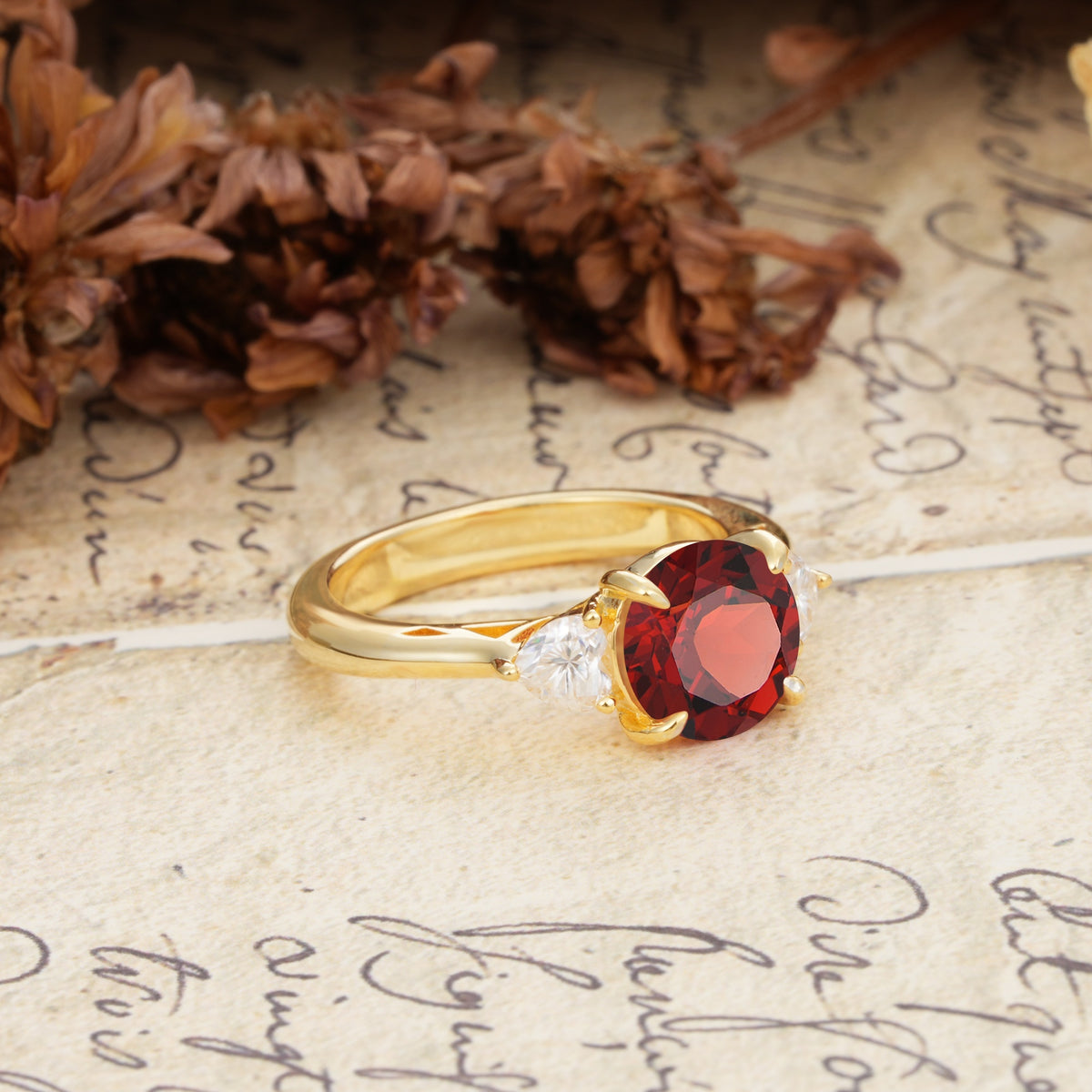 Minimalist 4-Prong Round Cut Garnet Three Stones Wedding Ring - Additional view