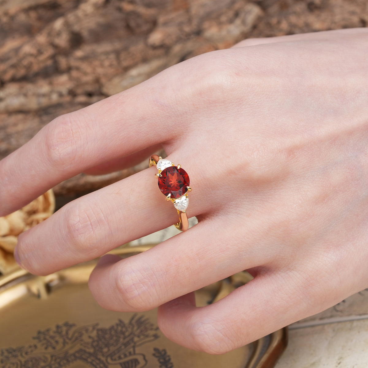 Minimalist 4-Prong Round Cut Garnet Three Stones Wedding Ring - Additional view