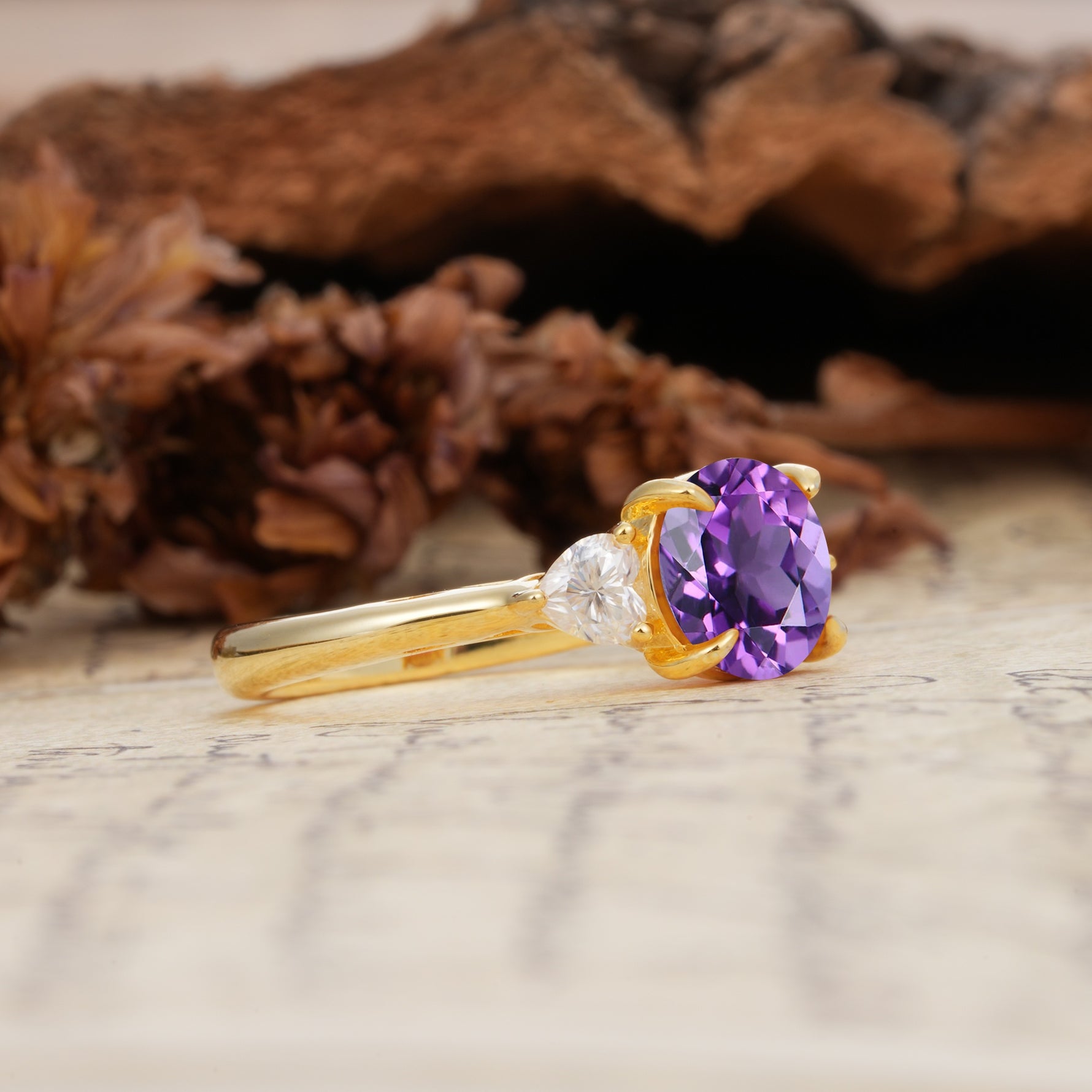 Minimalist 4-Prong Round Cut Amethyst Three Stones Wedding Ring - Additional view