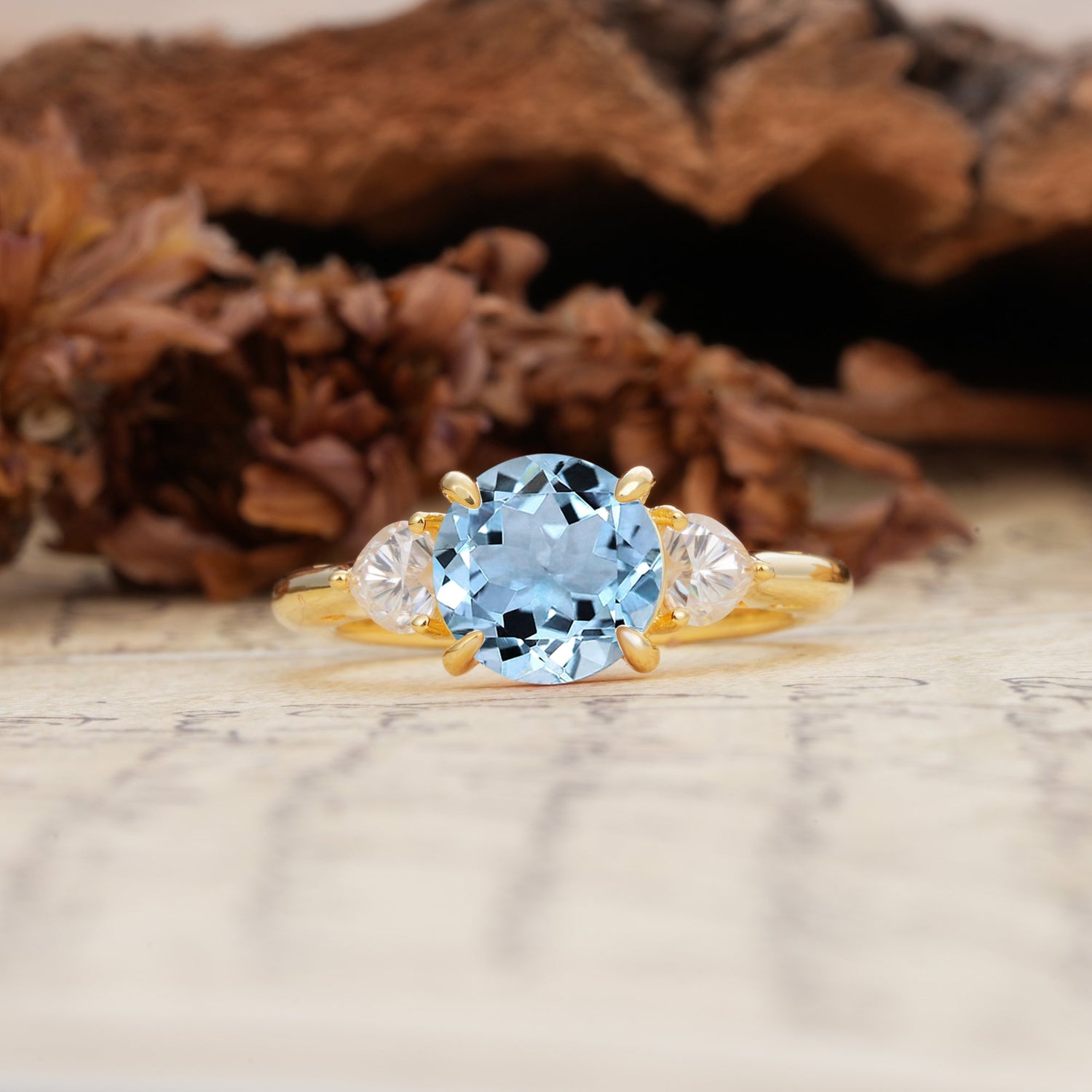 Minimalist 4-Prong Round Cut Aquamarine Three Stones Wedding Ring