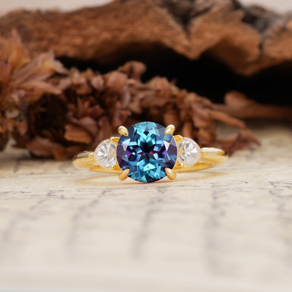 Minimalist 4-Prong Round Cut Alexandrite Three Stones Wedding Ring - Additional view