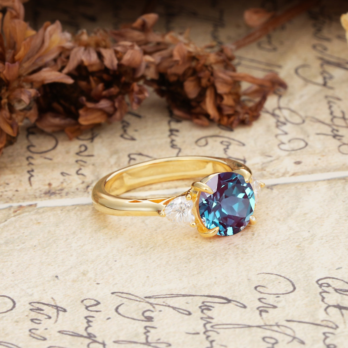 Minimalist 4-Prong Round Cut Alexandrite Three Stones Wedding Ring - Additional view