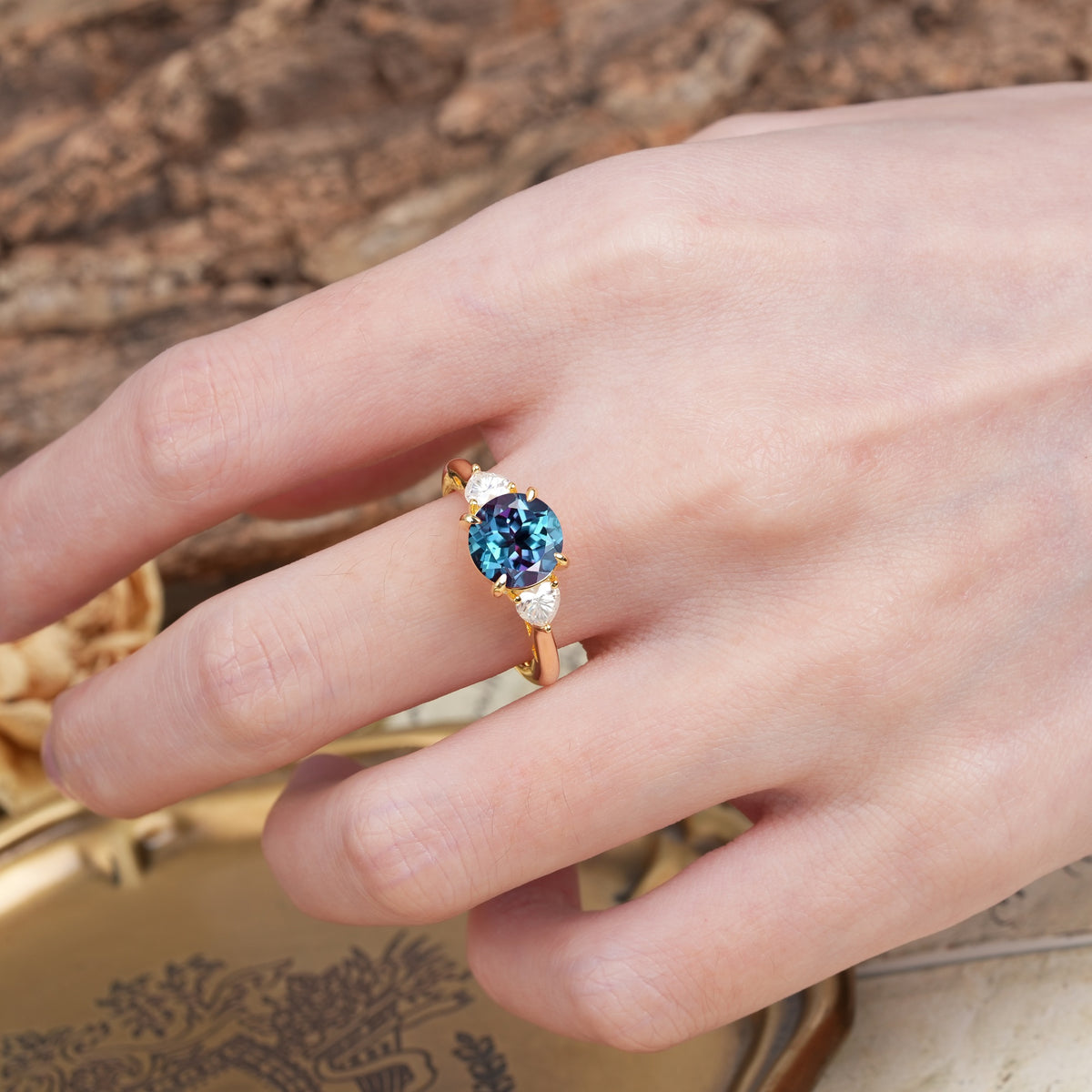Minimalist 4-Prong Round Cut Alexandrite Three Stones Wedding Ring - Additional view