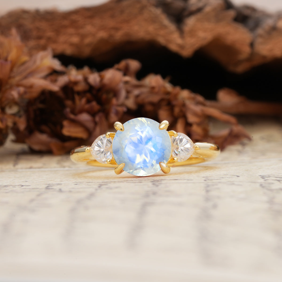 Minimalist 4-Prong Round Cut Moonstone Three Stones Wedding Ring - Additional view