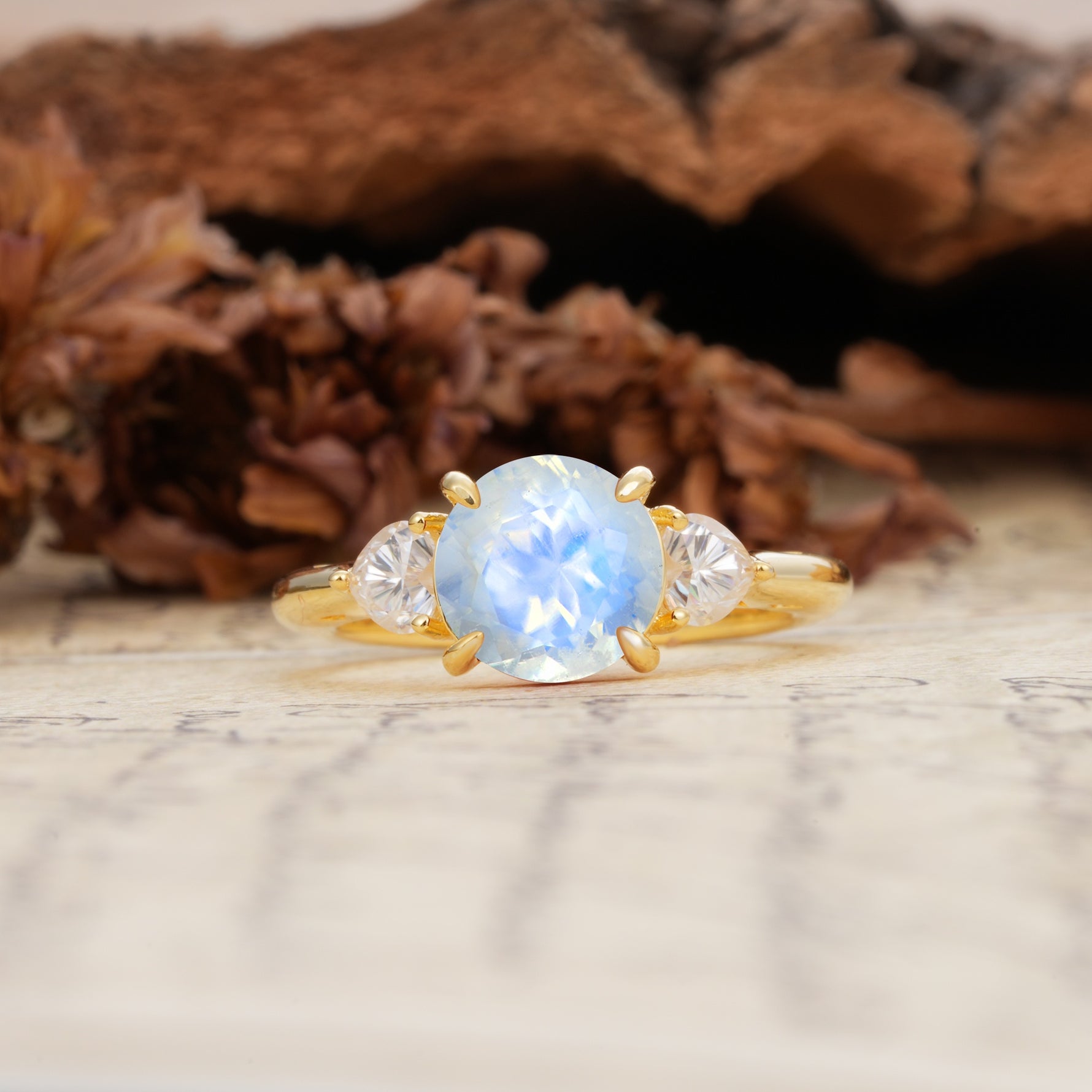 Minimalist 4-Prong Round Cut Moonstone Three Stones Wedding Ring - Additional view