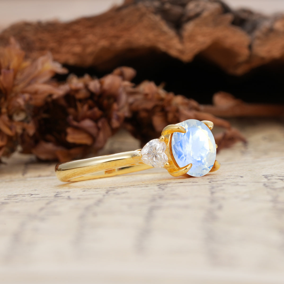 Minimalist 4-Prong Round Cut Moonstone Three Stones Wedding Ring - Additional view