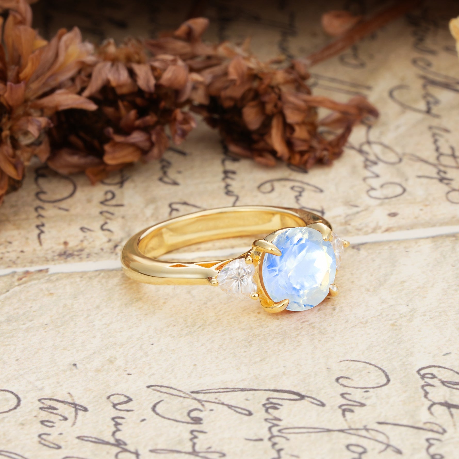 Minimalist 4-Prong Round Cut Moonstone Three Stones Wedding Ring - Additional view