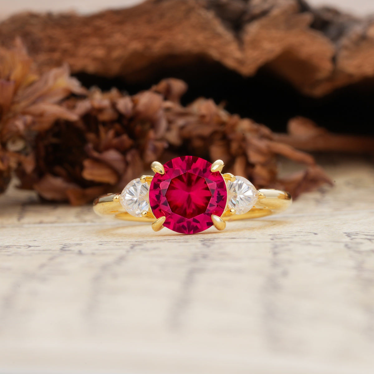 Minimalist 4-Prong Round Cut Ruby Three Stones Wedding Ring - Additional view