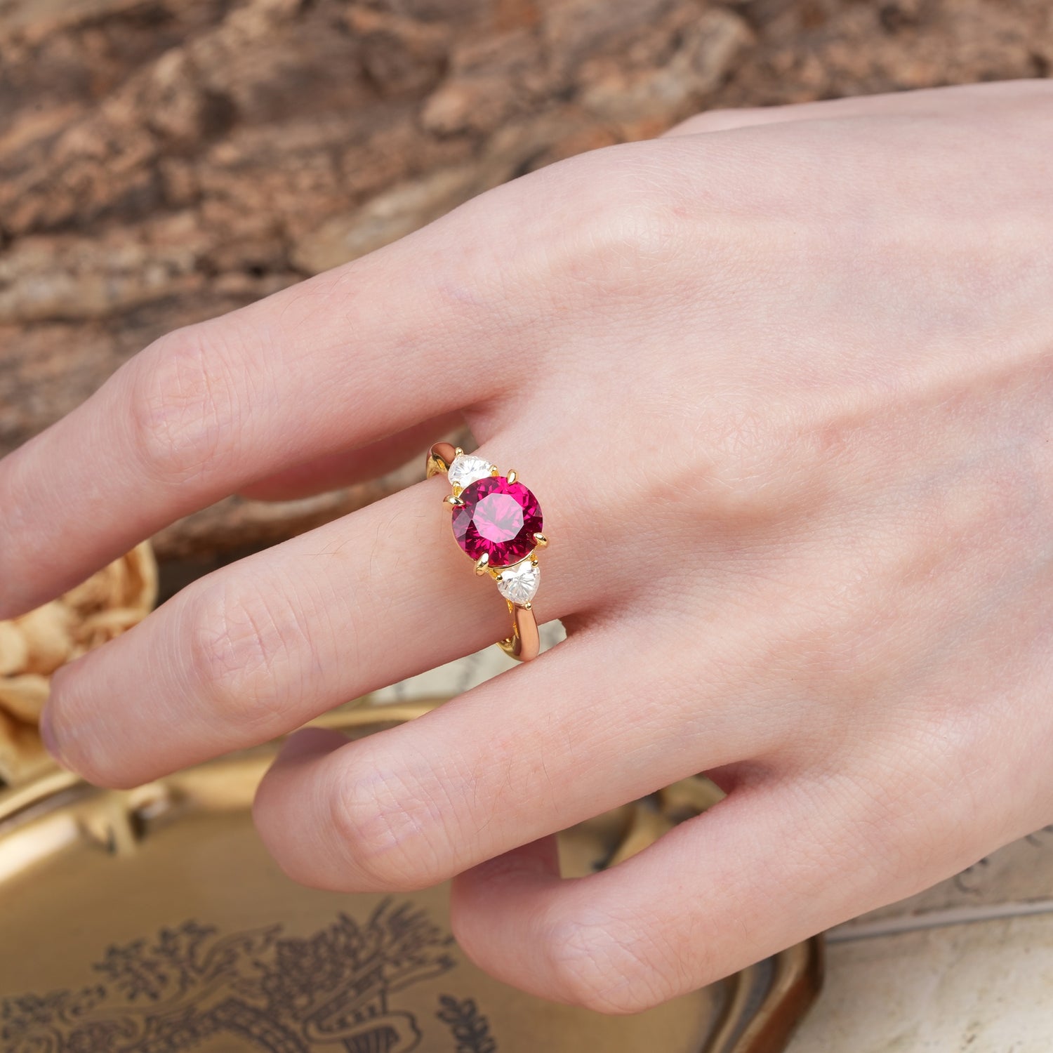 Minimalist 4-Prong Round Cut Ruby Three Stones Wedding Ring - Additional view