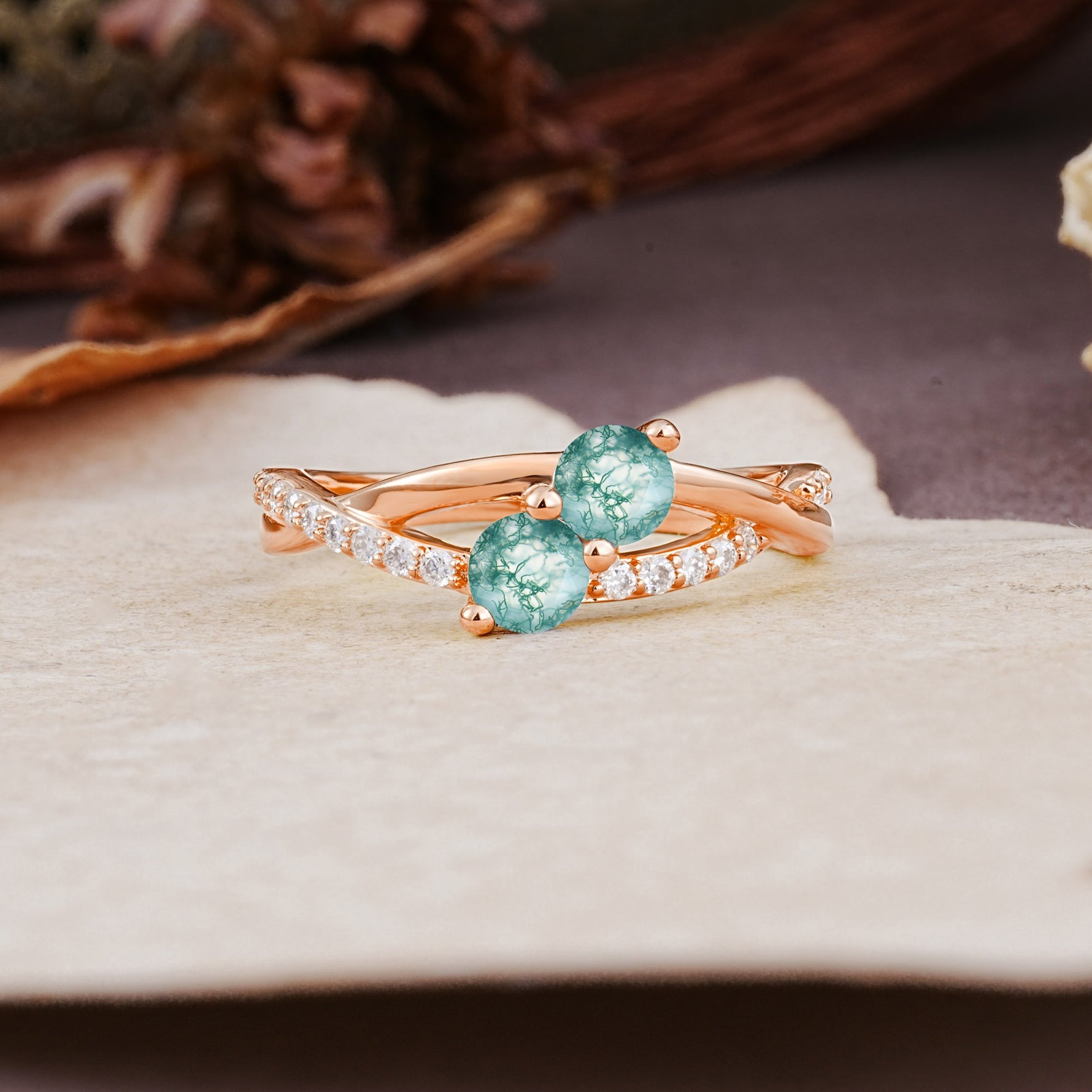 Unique Classic 3-Prong Round CutMoss Agate Engagement Ring - Additional view