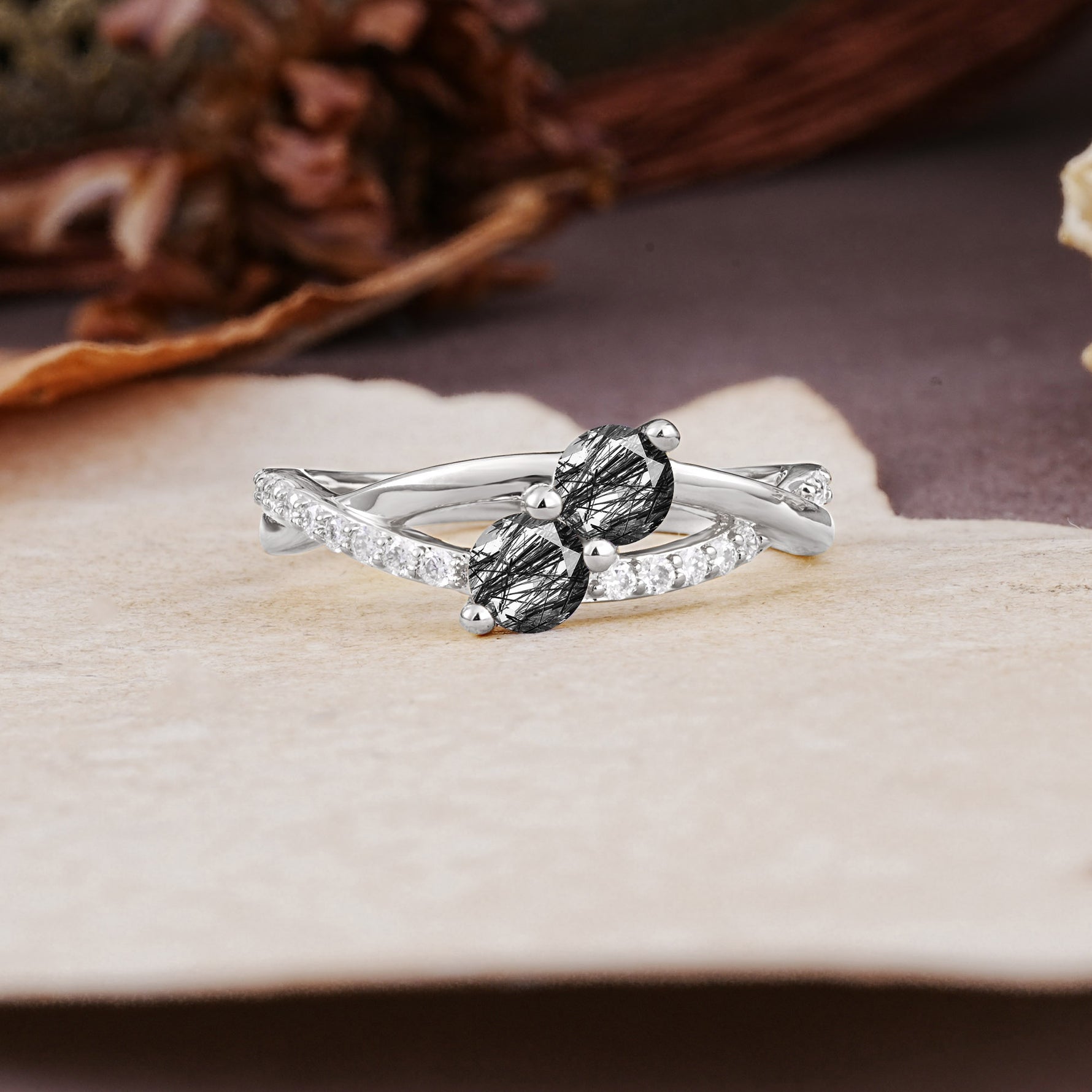 Unique Classic 3-Prong Round CutBlack Rutilated Quartz Engagement Ring - Additional view