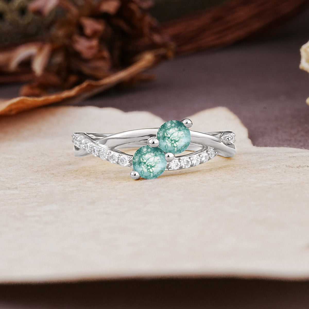 Unique Classic 3-Prong Round CutMoss Agate Engagement Ring - Additional view