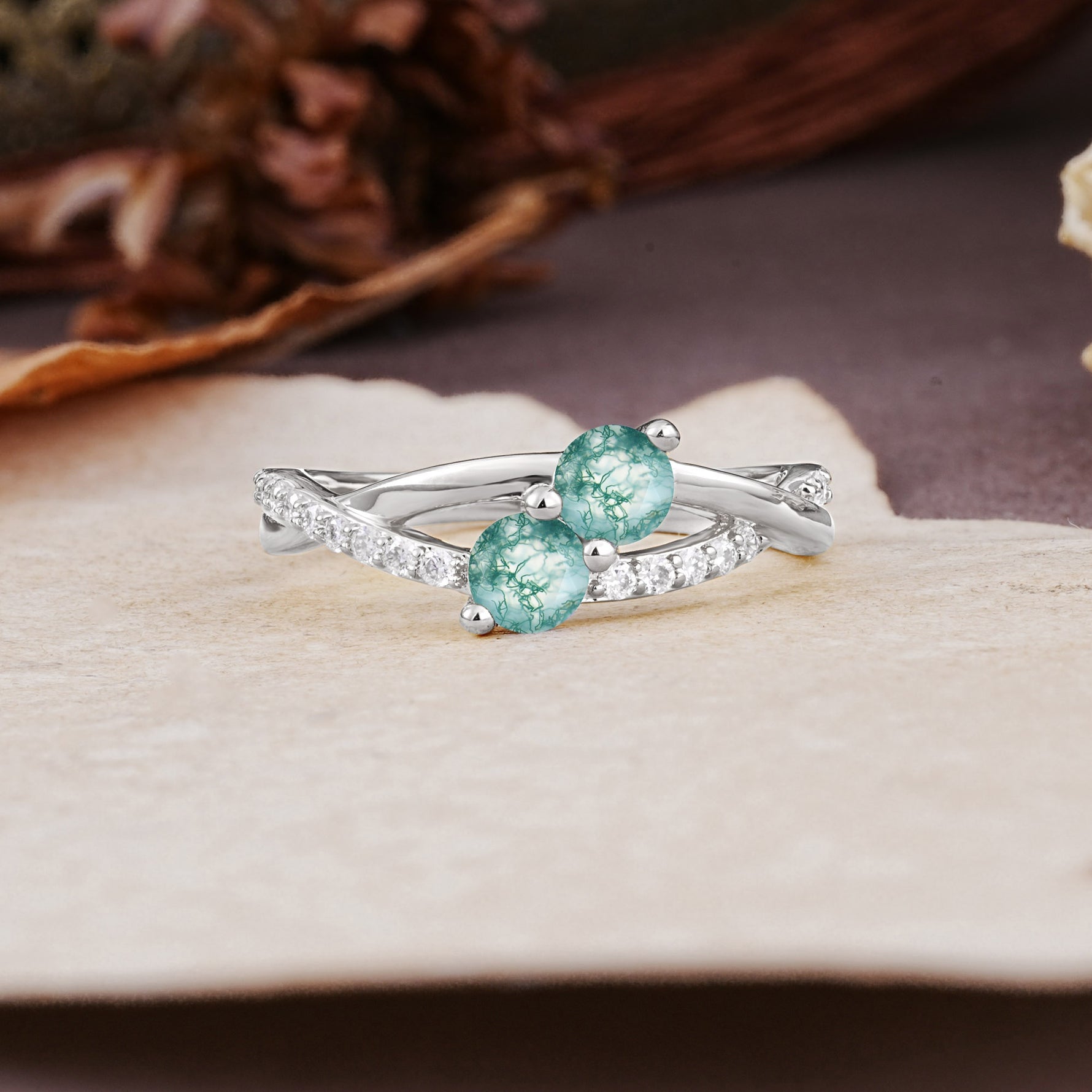 Unique Classic 3-Prong Round CutMoss Agate Engagement Ring - Additional view