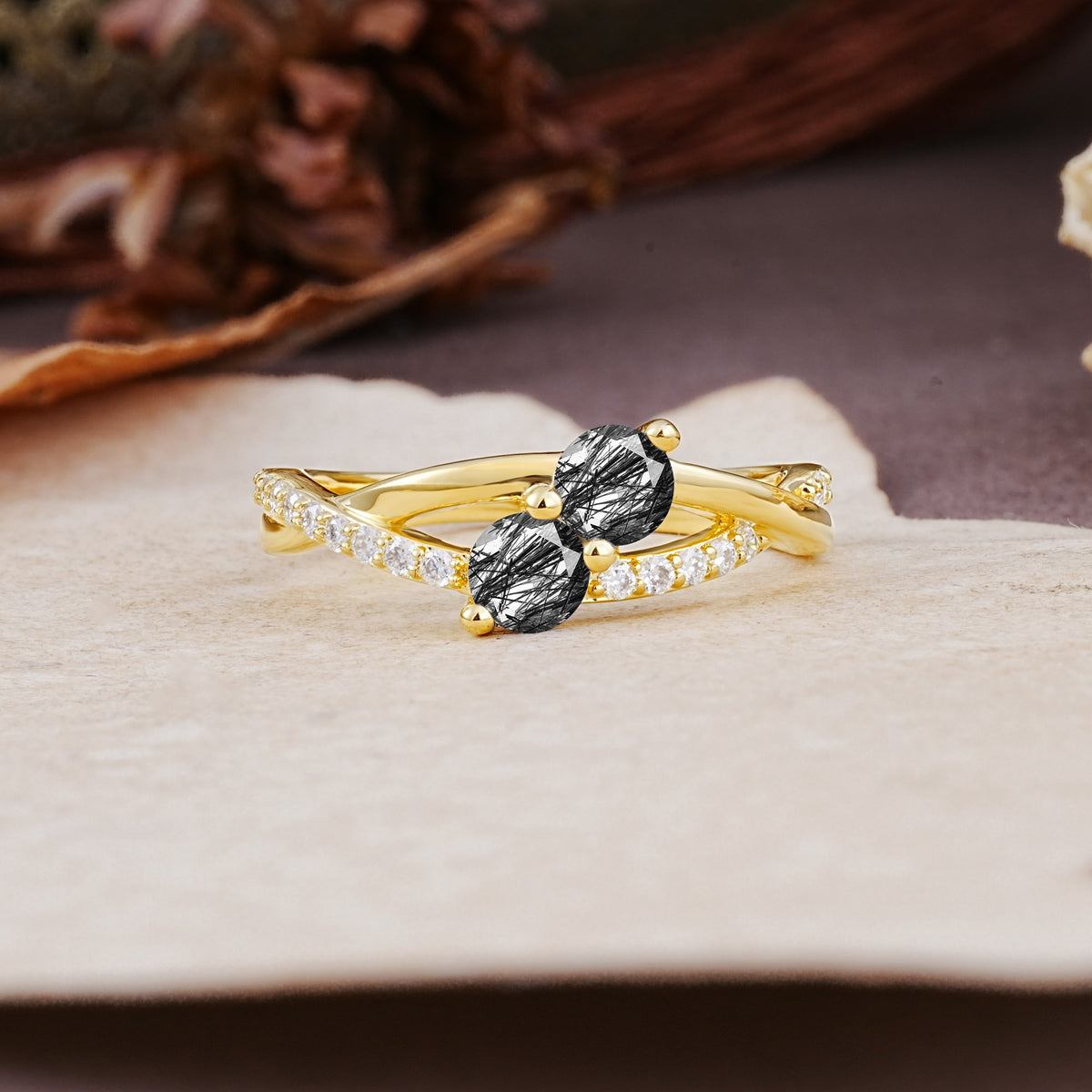 Unique Classic 3-Prong Round CutBlack Rutilated Quartz Engagement Ring - Additional view