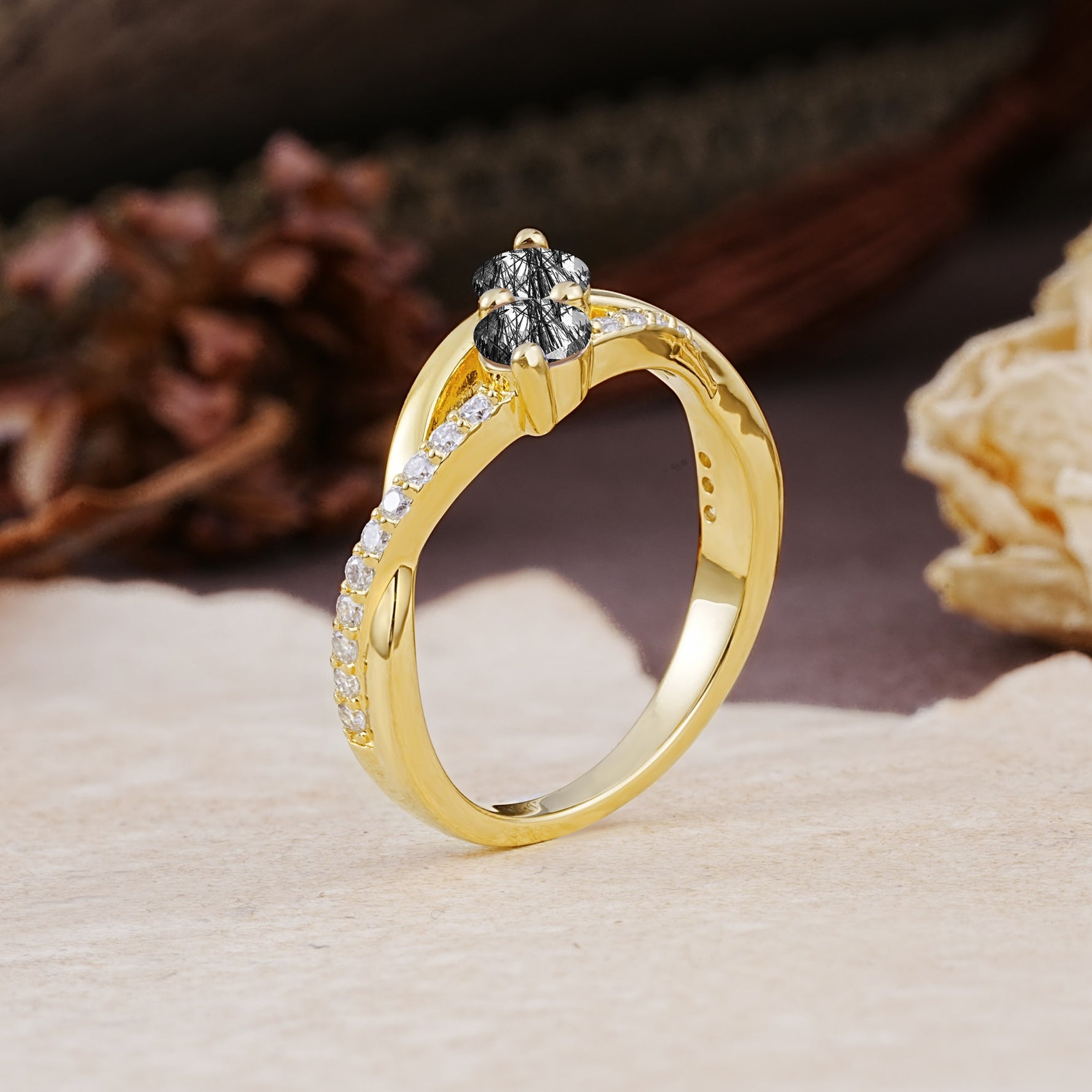 Unique Classic 3-Prong Round CutBlack Rutilated Quartz Engagement Ring - Additional view