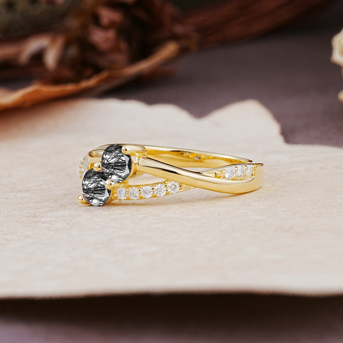 Unique Classic 3-Prong Round CutBlack Rutilated Quartz Engagement Ring - Additional view