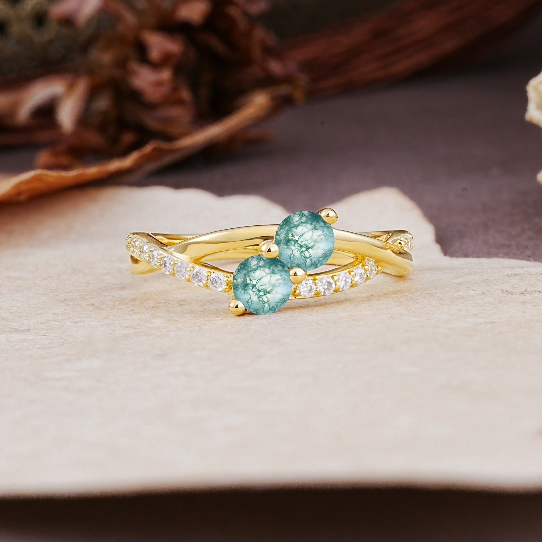 Unique Classic 3-Prong Round CutMoss Agate Engagement Ring - Additional view
