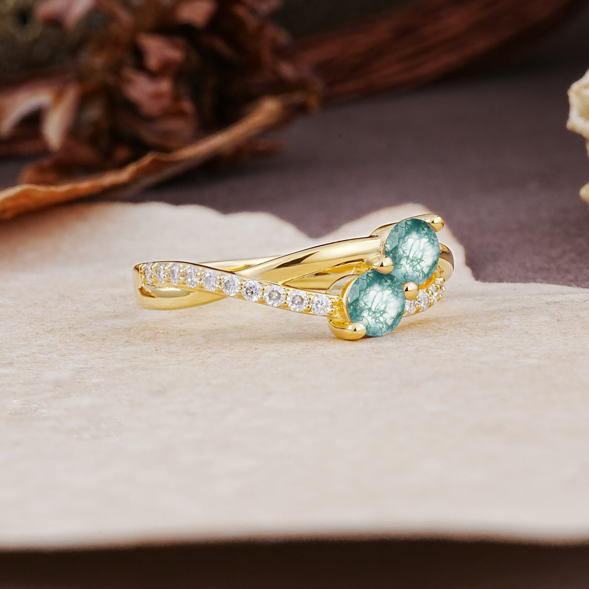 Unique Classic 3-Prong Round CutMoss Agate Engagement Ring - Additional view