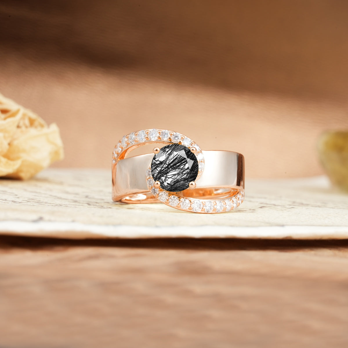 Retro-Luxe Twisted 4-Prong Round Cut Black Rutilated Quartz Engagement Ring - Additional view