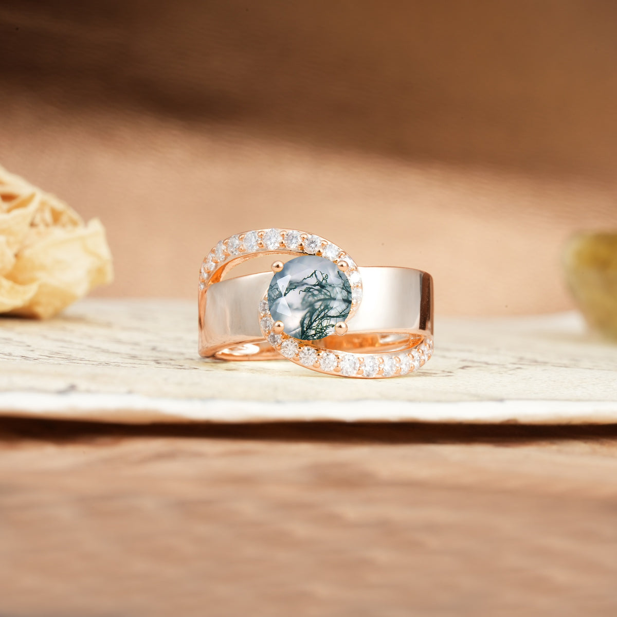 Retro-Luxe Twisted 4-Prong Round Cut Moss Agate Engagement Ring - Additional view