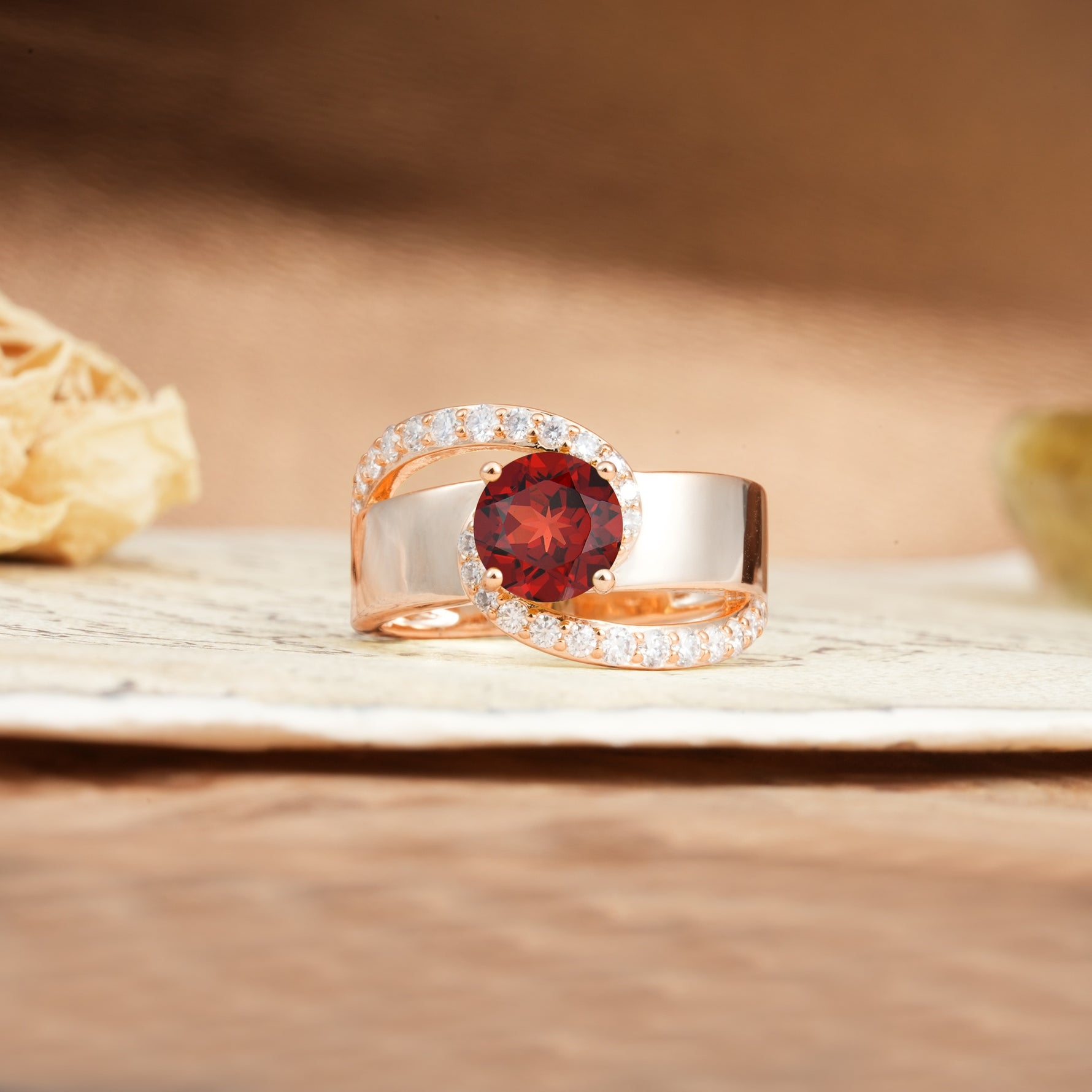 Retro-Luxe Twisted 4-Prong Round Cut Garnet Engagement Ring - Additional view
