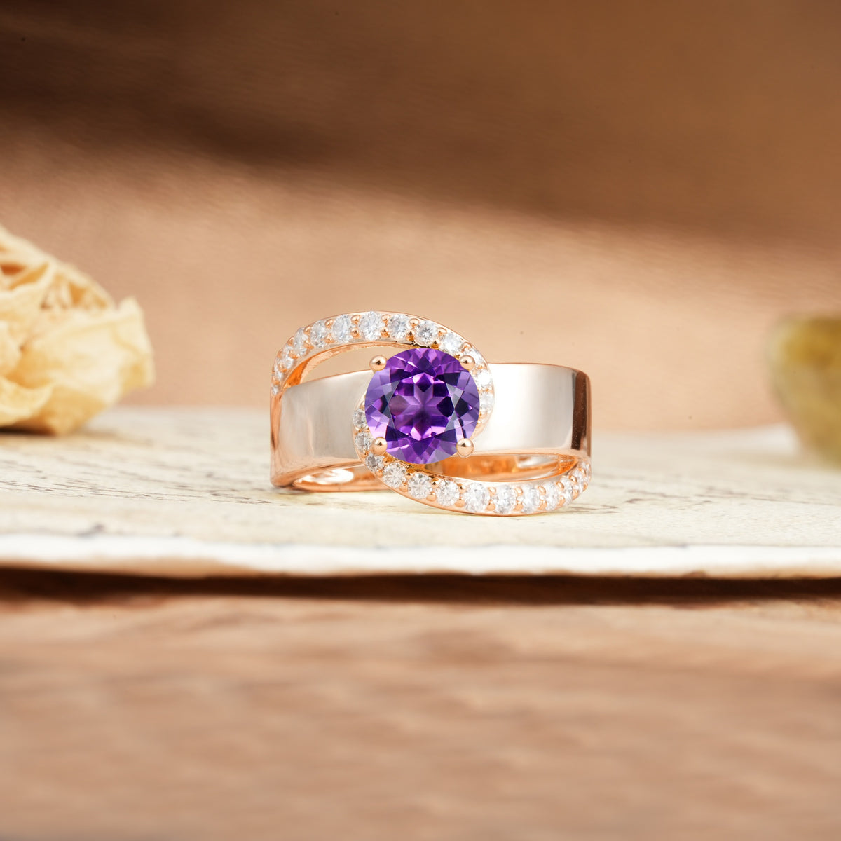 Retro-Luxe Twisted 4-Prong Round Cut Amethyst Engagement Ring - Additional view