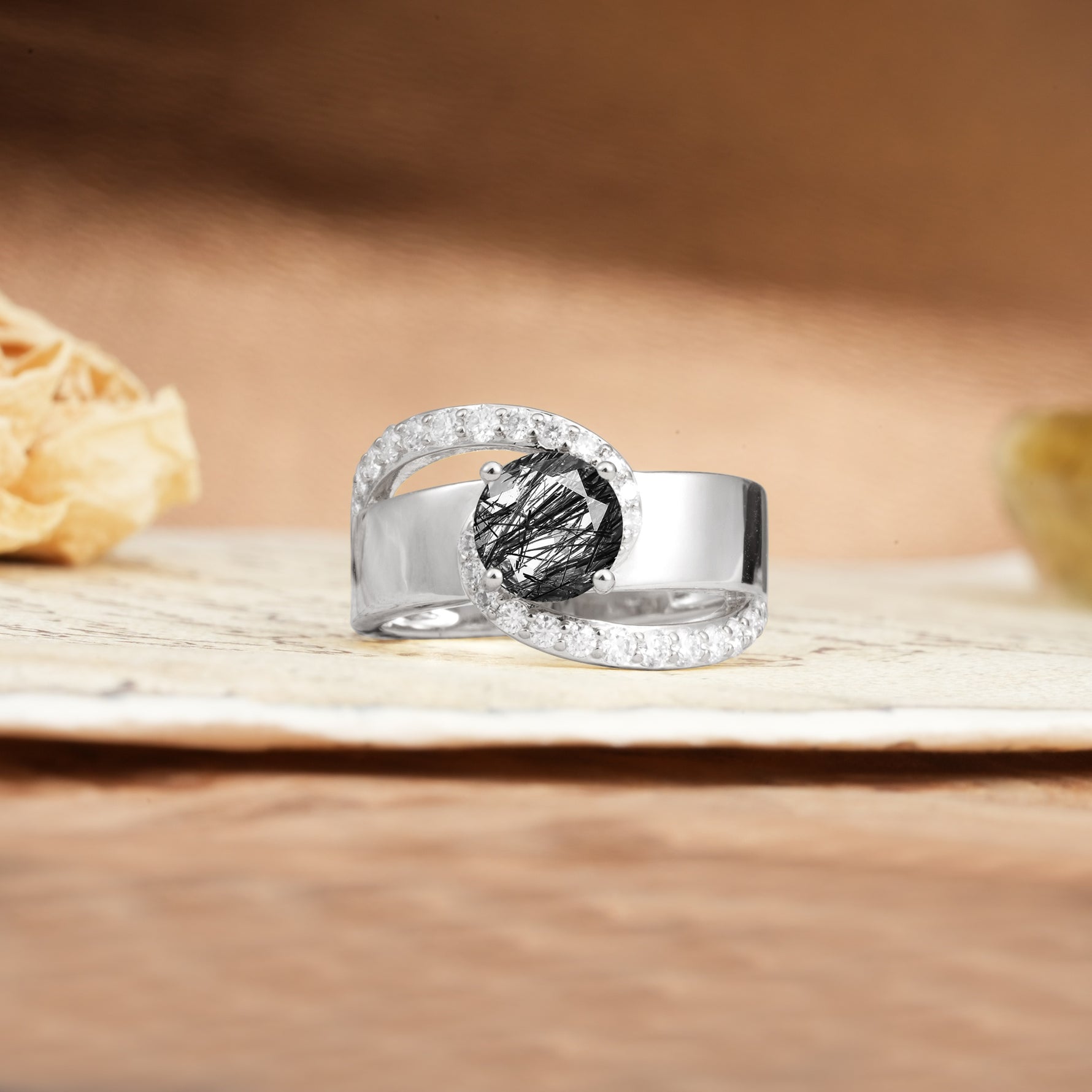 Retro-Luxe Twisted 4-Prong Round Cut Black Rutilated Quartz Engagement Ring - Additional view