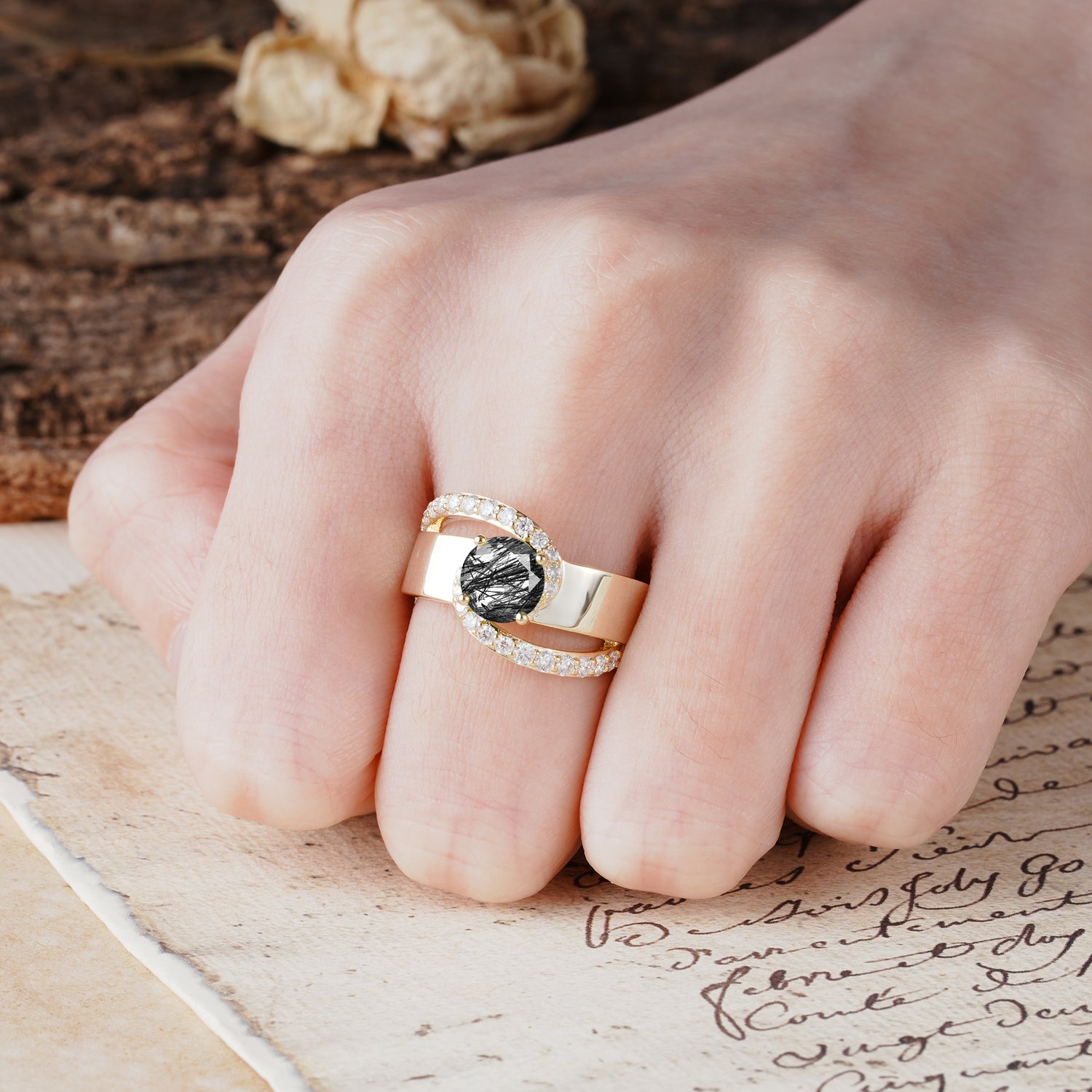 Retro-Luxe Twisted 4-Prong Round Cut Black Rutilated Quartz Engagement Ring
