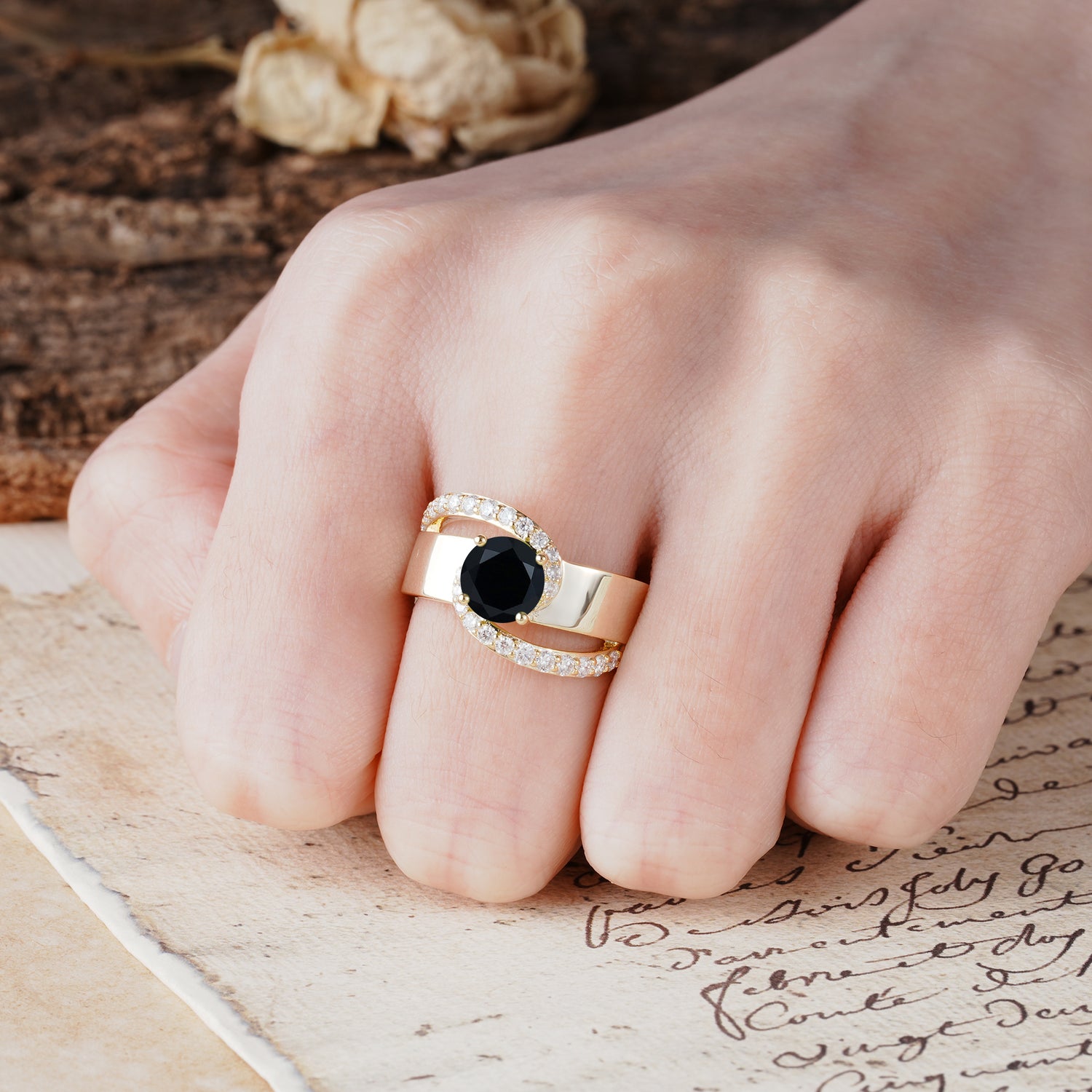 Retro-Luxe Twisted 4-Prong Round Cut Black Onyx Engagement Ring