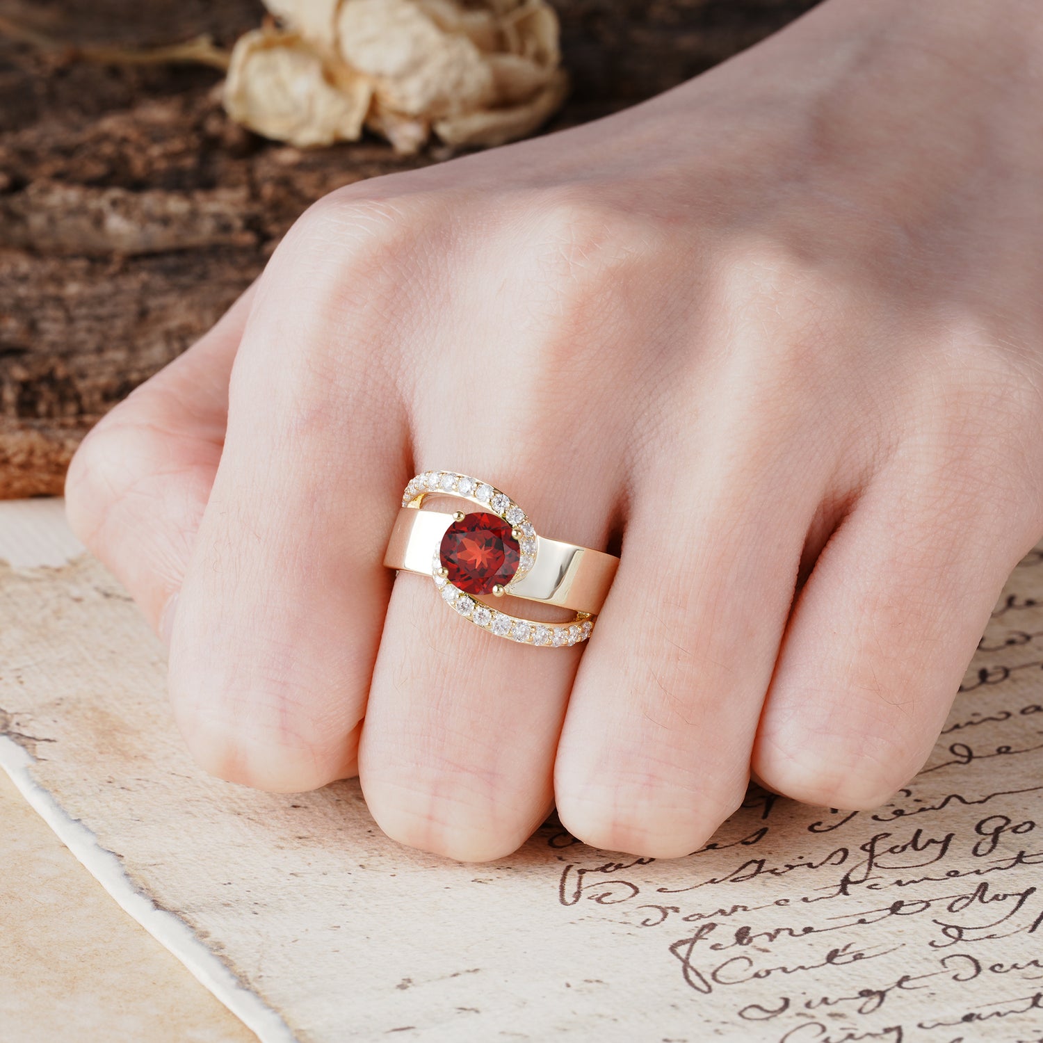Retro-Luxe Twisted 4-Prong Round Cut Garnet Engagement Ring