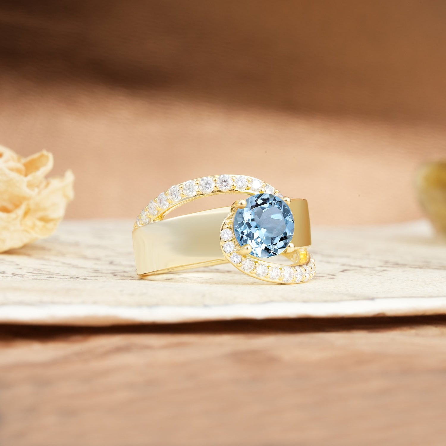 Retro-Luxe Twisted 4-Prong Round Cut Aquamarine Engagement Ring