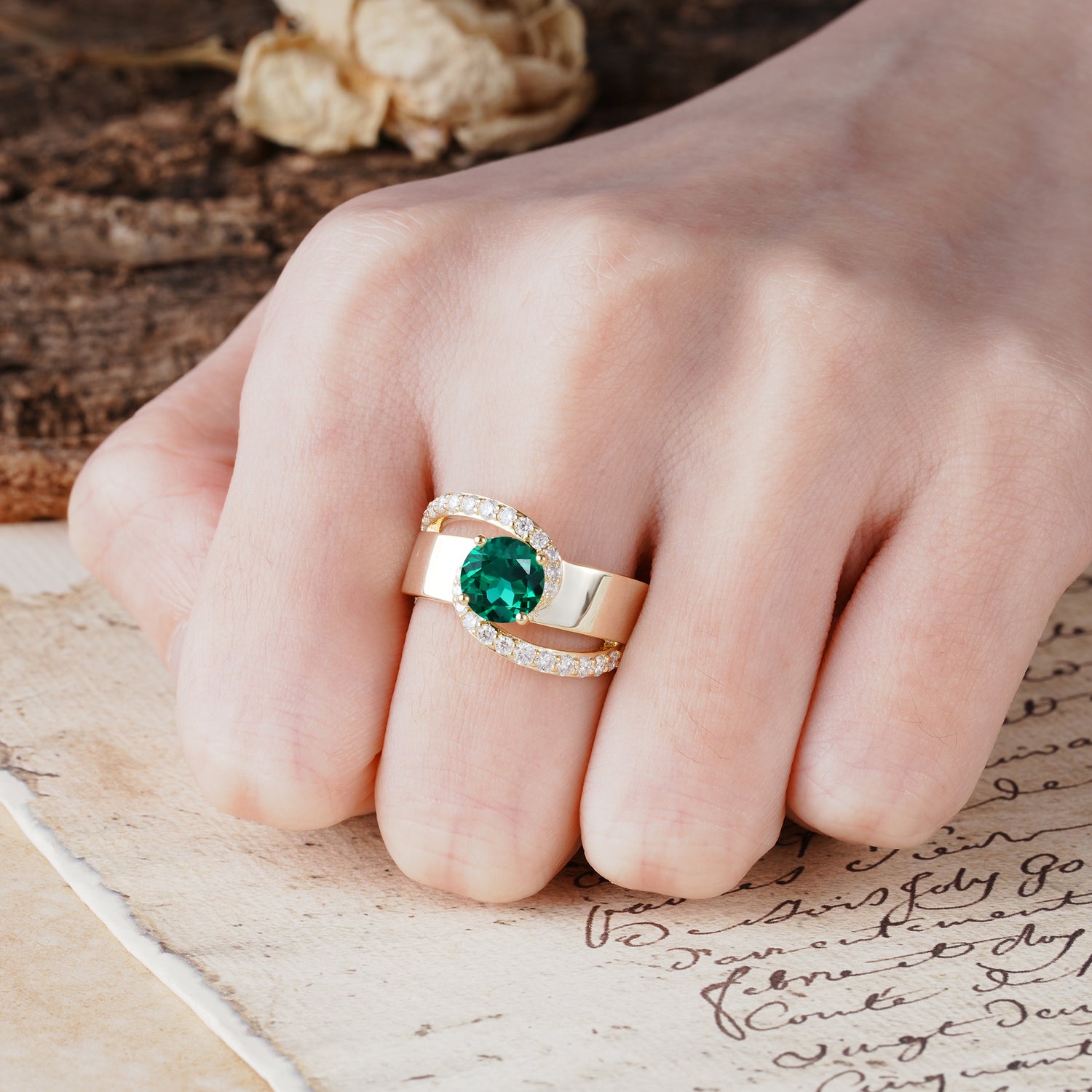 Retro-Luxe Twisted 4-Prong Round Cut Emerald Engagement Ring