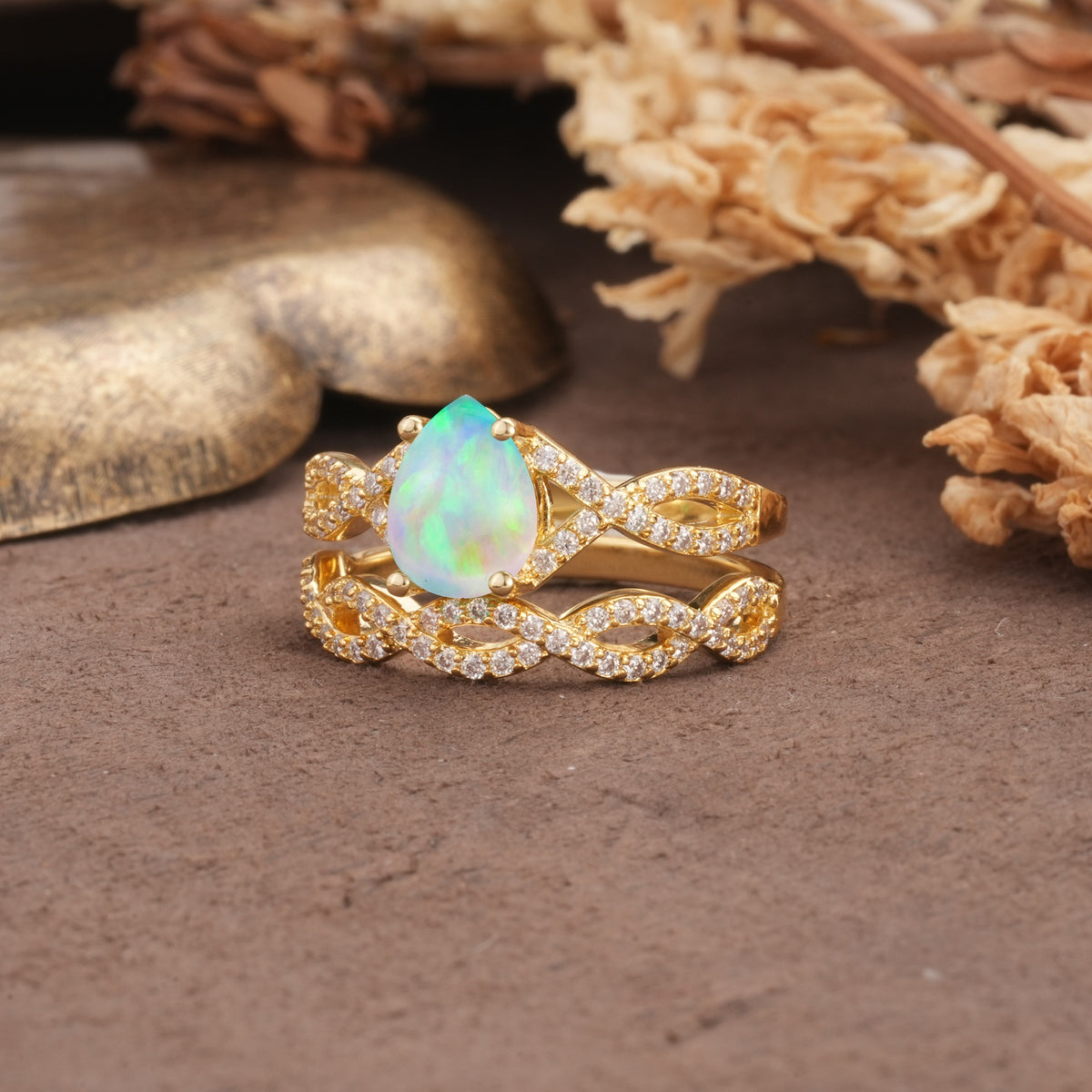 Luxurious and Unique: Entwined 4-Prong Pear Cut Fire Opal Bridal Ring Set - White-Gold