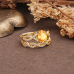 Luxurious and Unique: Entwined 4-Prong Pear Cut Citrine Bridal Ring Set - Rose-Gold
