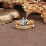 Luxurious and Unique: Entwined 4-Prong Pear Cut Black Rutilated Quartz Bridal Ring Set - Yellow-Gold