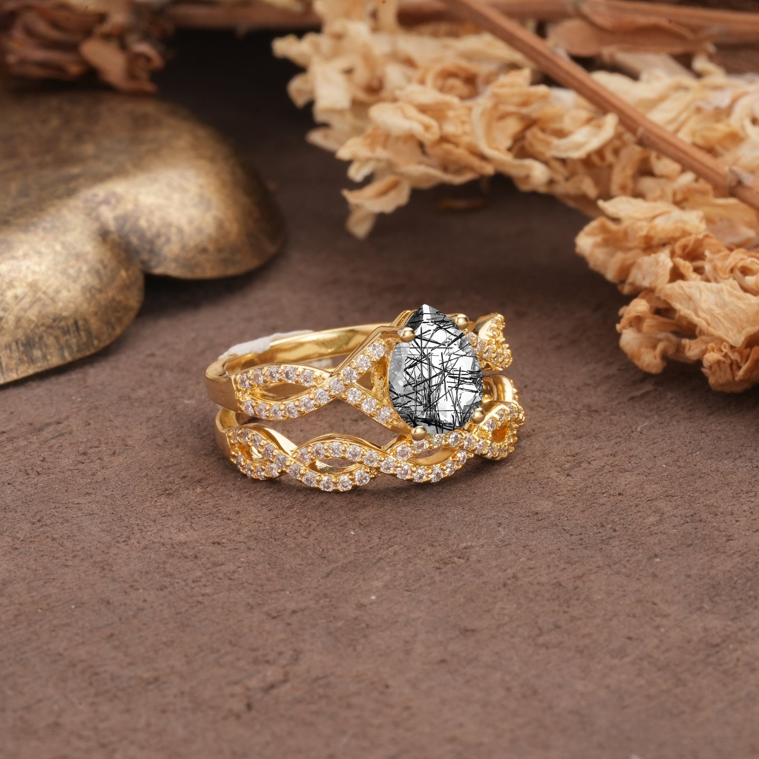 Luxurious and Unique: Entwined 4-Prong Pear Cut Black Rutilated Quartz Bridal Ring Set - Rose-Gold