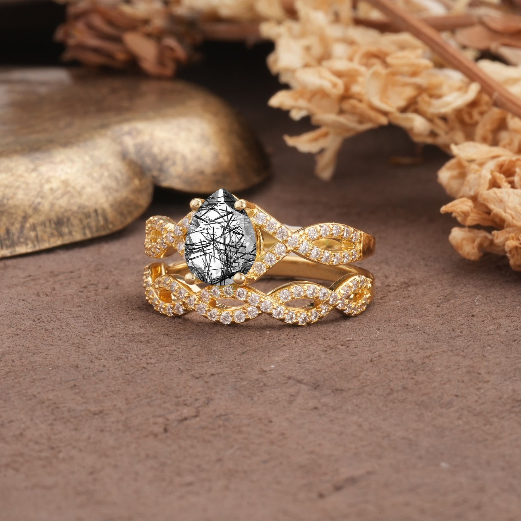 Luxurious and Unique: Entwined 4-Prong Pear Cut Black Rutilated Quartz Bridal Ring Set - White-Gold