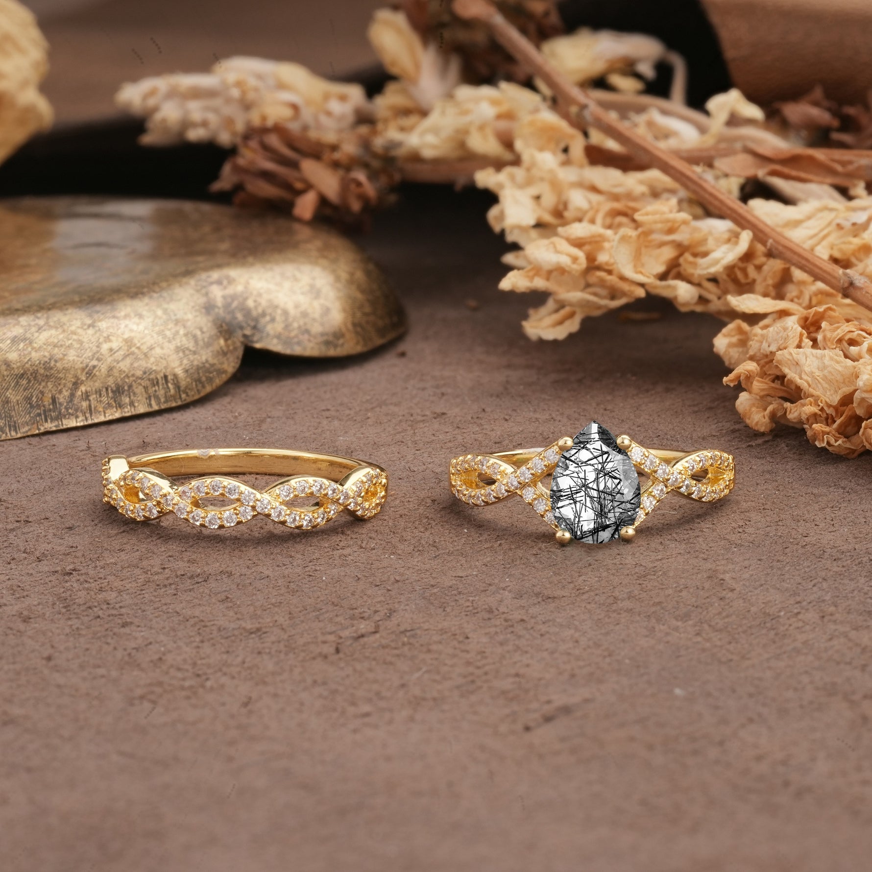 Luxurious and Unique: Entwined 4-Prong Pear Cut Black Rutilated Quartz Bridal Ring Set - Additional view