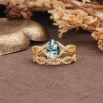 Luxurious and Unique: Entwined 4-Prong Pear Cut Moss Agate Bridal Ring Set - Yellow-Gold
