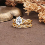 Luxurious and Unique: Entwined 4-Prong Pear Cut Lab Diamond Bridal Ring Set - White-Gold