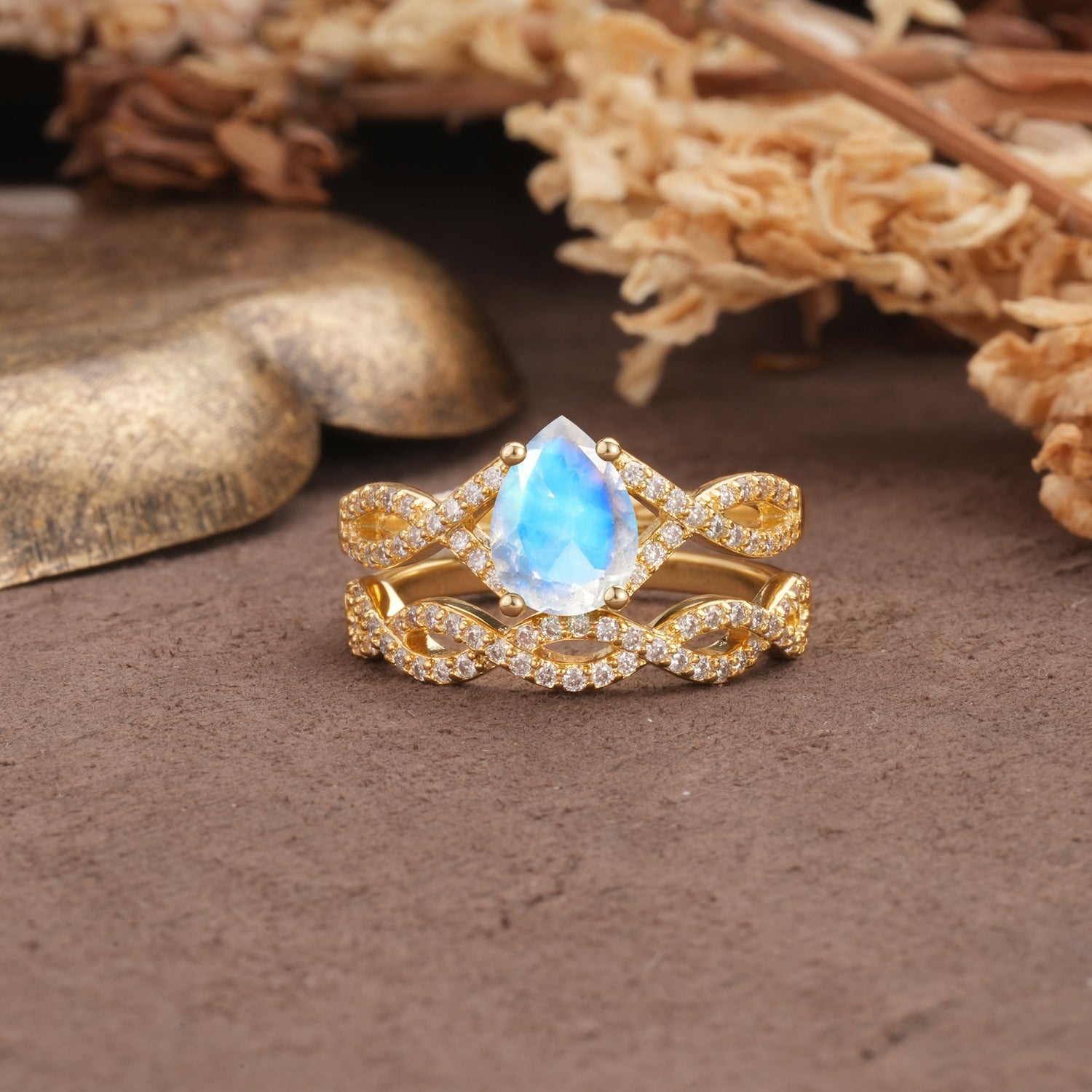 Luxurious and Unique: Entwined 4-Prong Pear Cut Moonstone Bridal Ring Set - Yellow-Gold