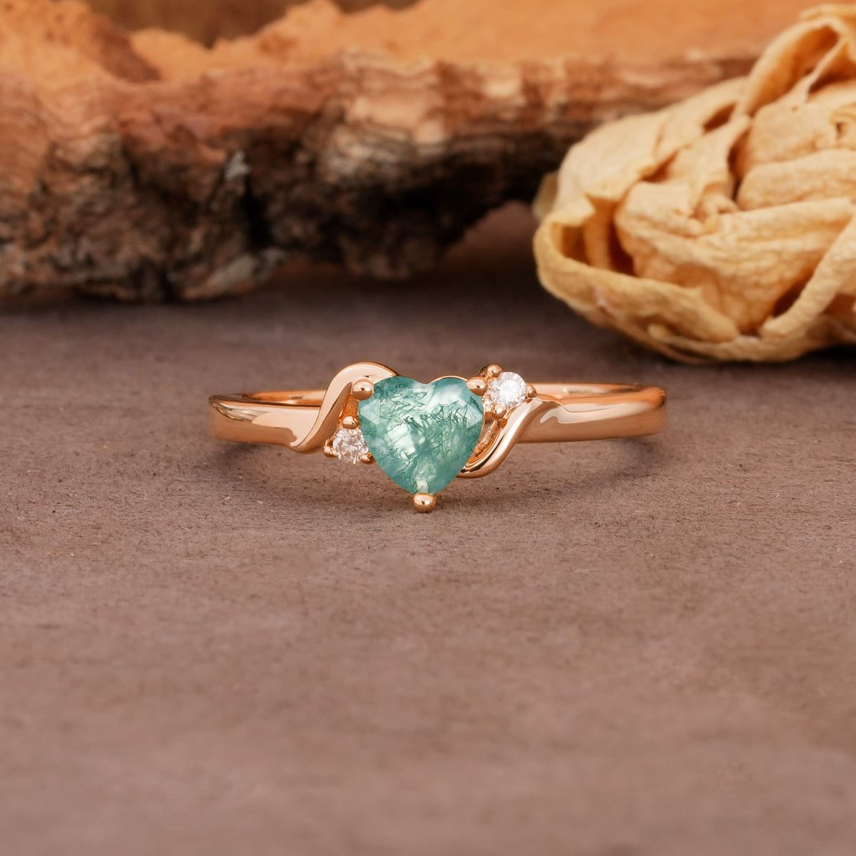 Unique Twisted 3-Prong Heart Cut Moss Agate Engagement Ring - Additional view