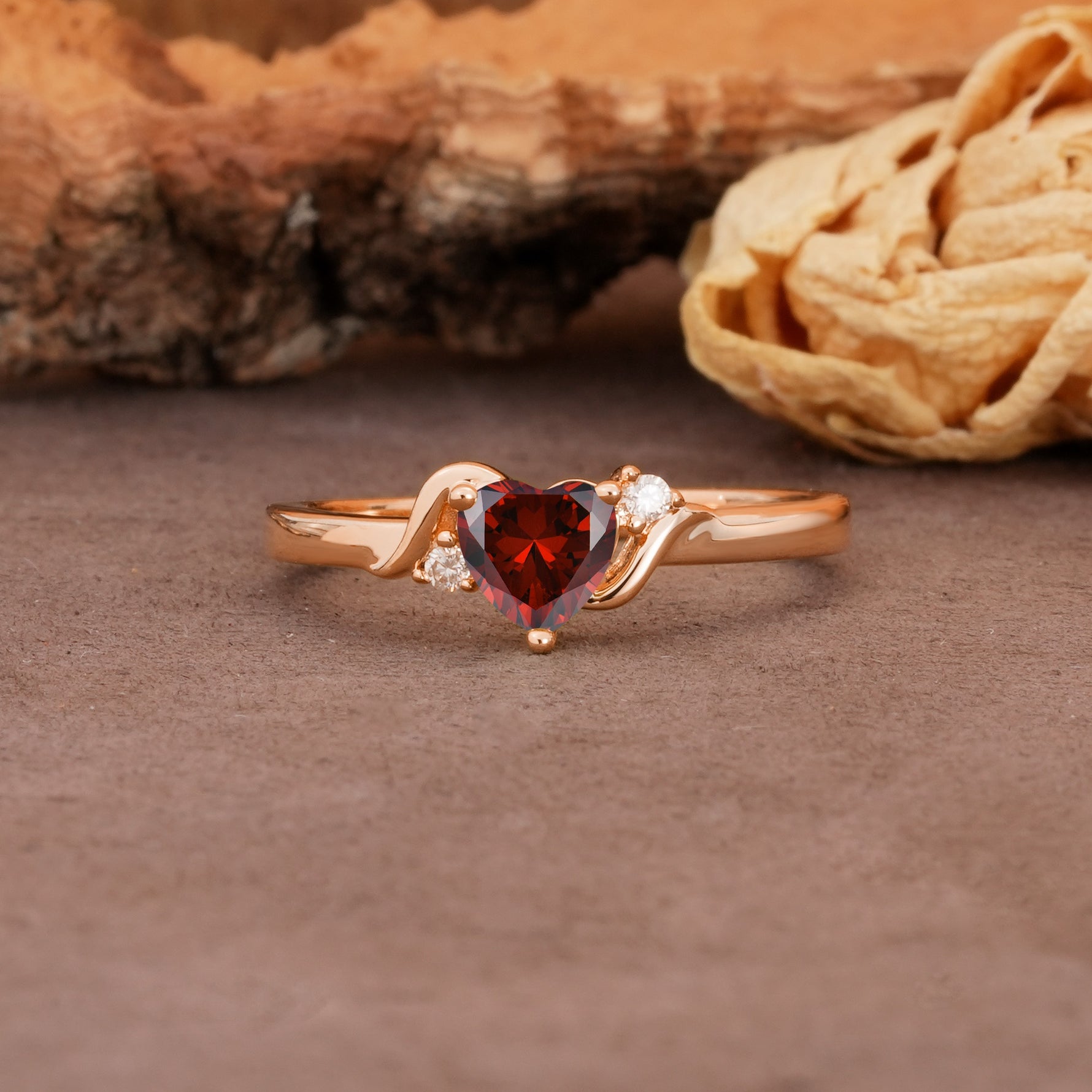Unique Twisted 3-Prong Heart Cut Garnet Engagement Ring - Additional view