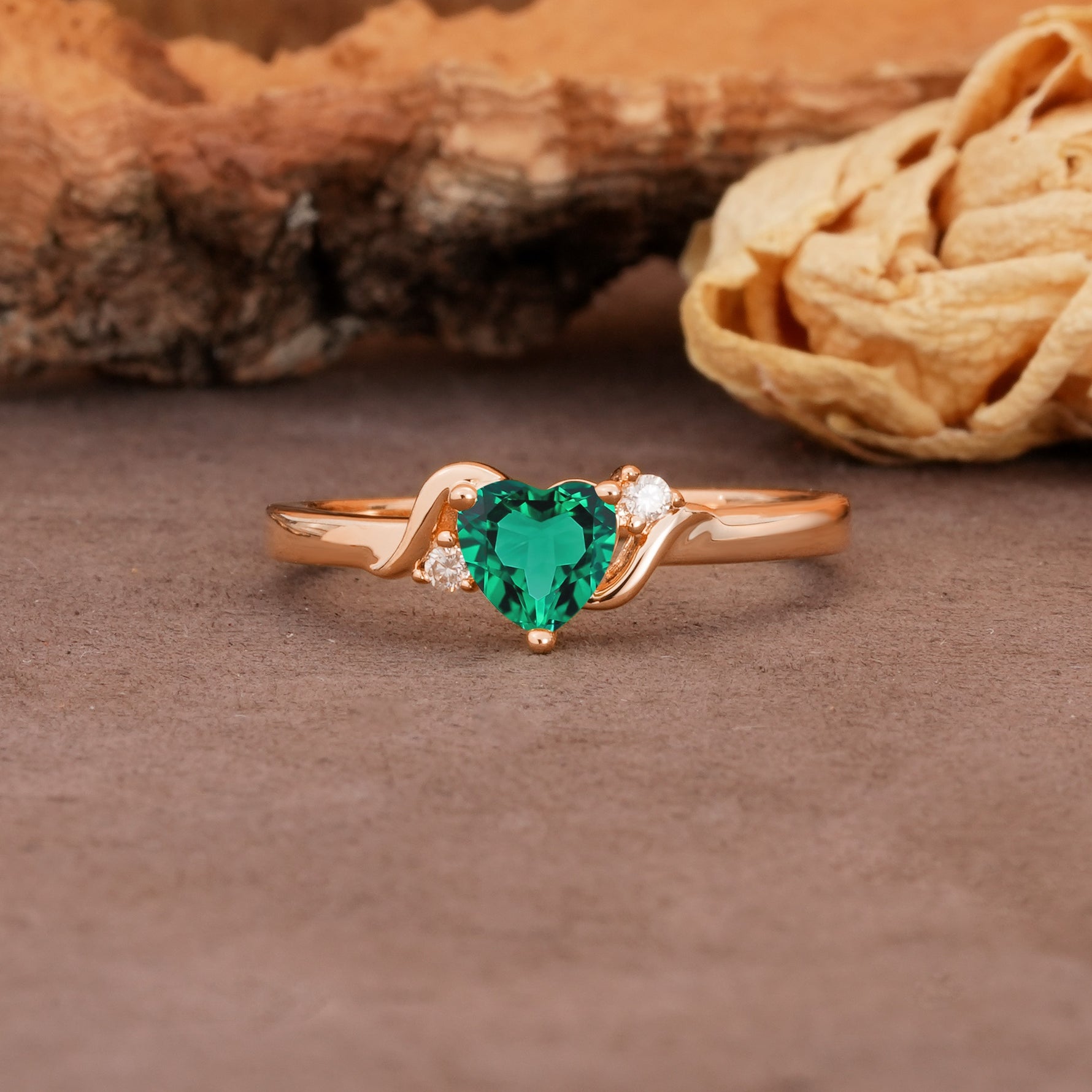 Unique Twisted 3-Prong Heart Cut Emerald Engagement Ring - Additional view