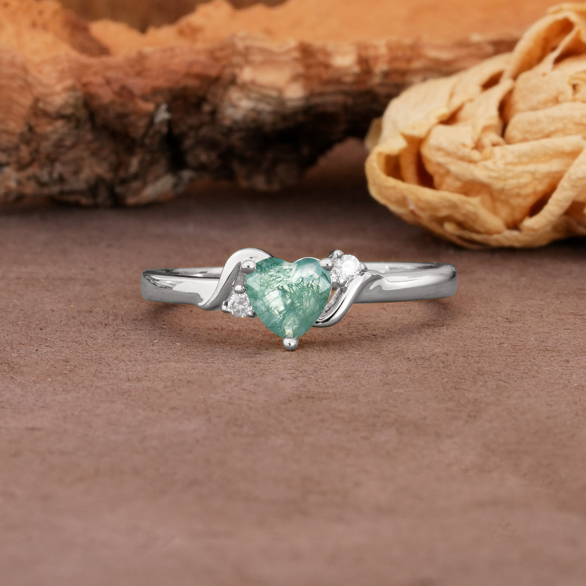 Unique Twisted 3-Prong Heart Cut Moss Agate Engagement Ring - Additional view
