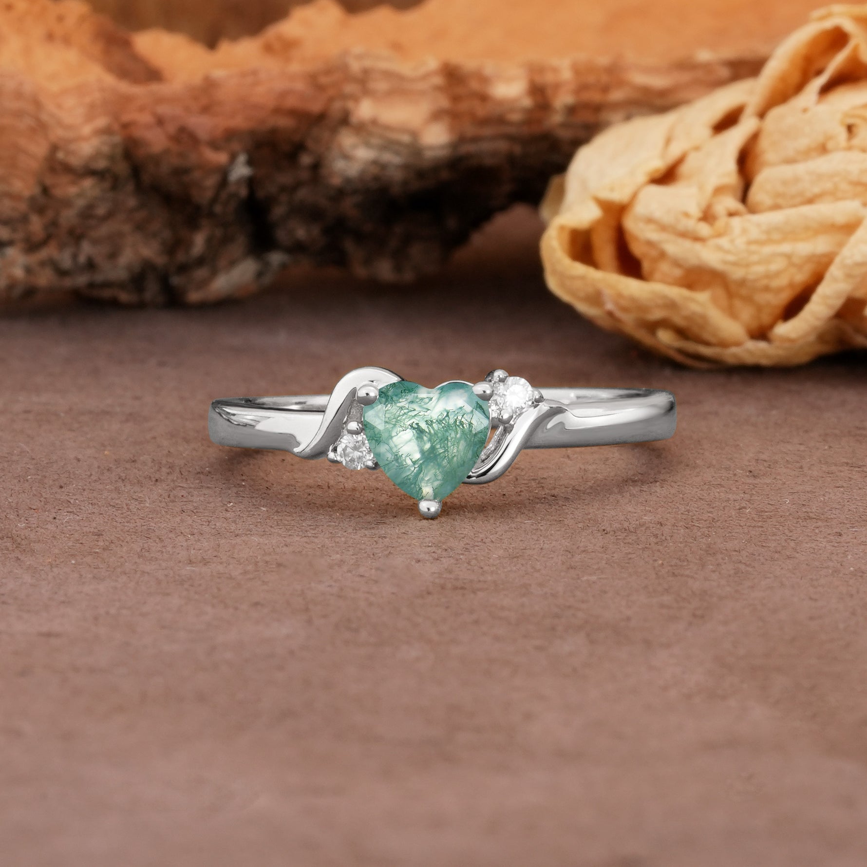 Unique Twisted 3-Prong Heart Cut Moss Agate Engagement Ring - Additional view