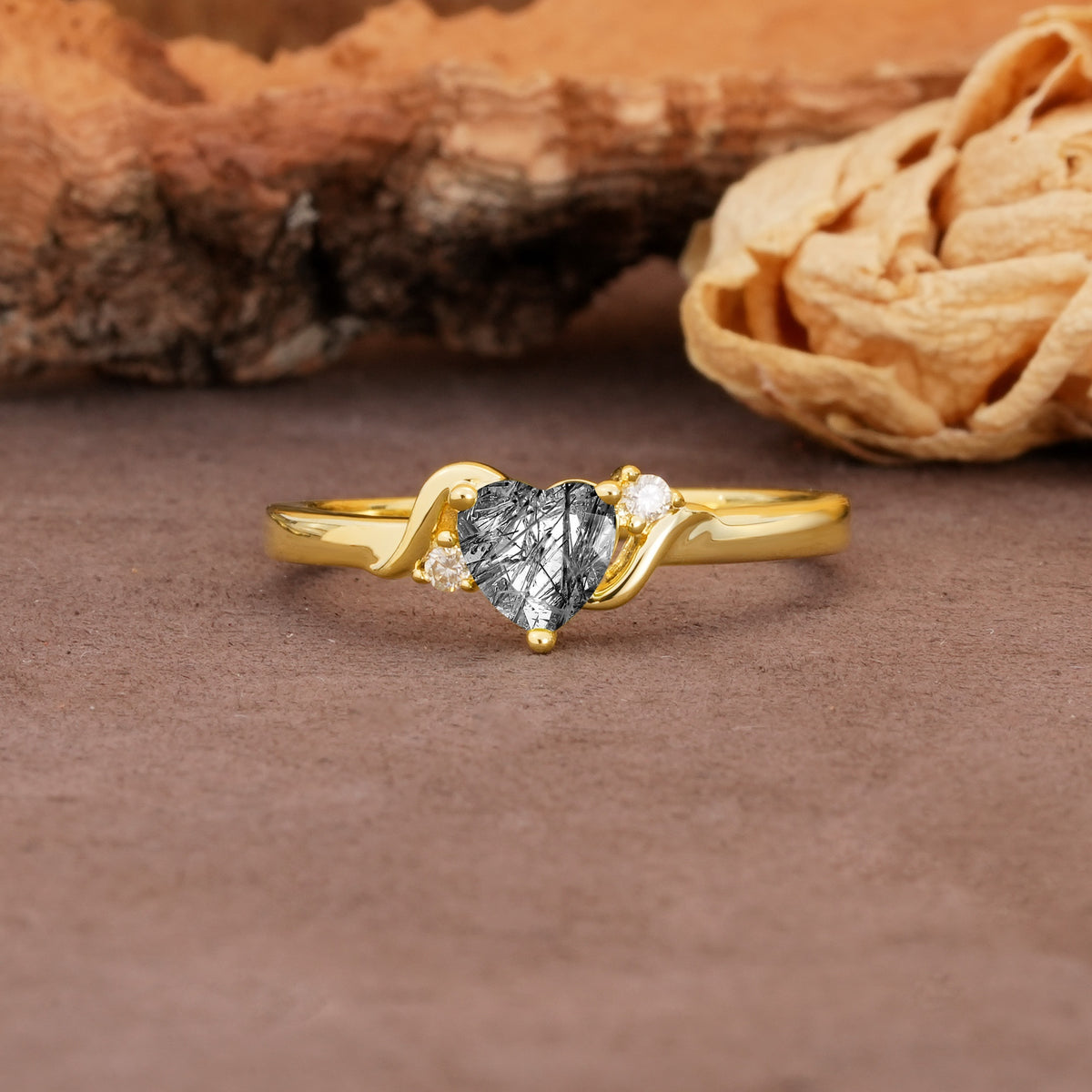Unique Twisted 3-Prong Heart Cut Black Rutilated Quartz Engagement Ring - Additional view