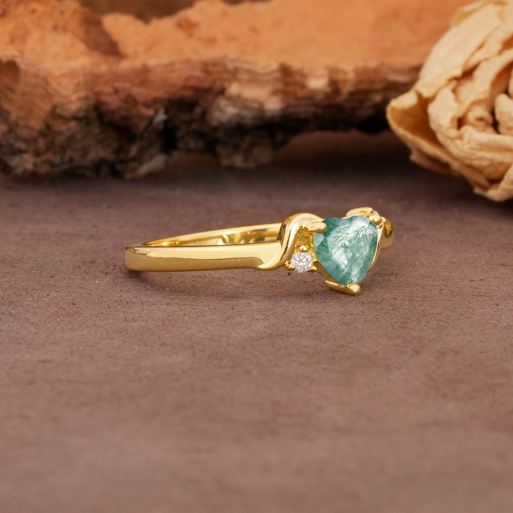 Unique Twisted 3-Prong Heart Cut Moss Agate Engagement Ring - Additional view