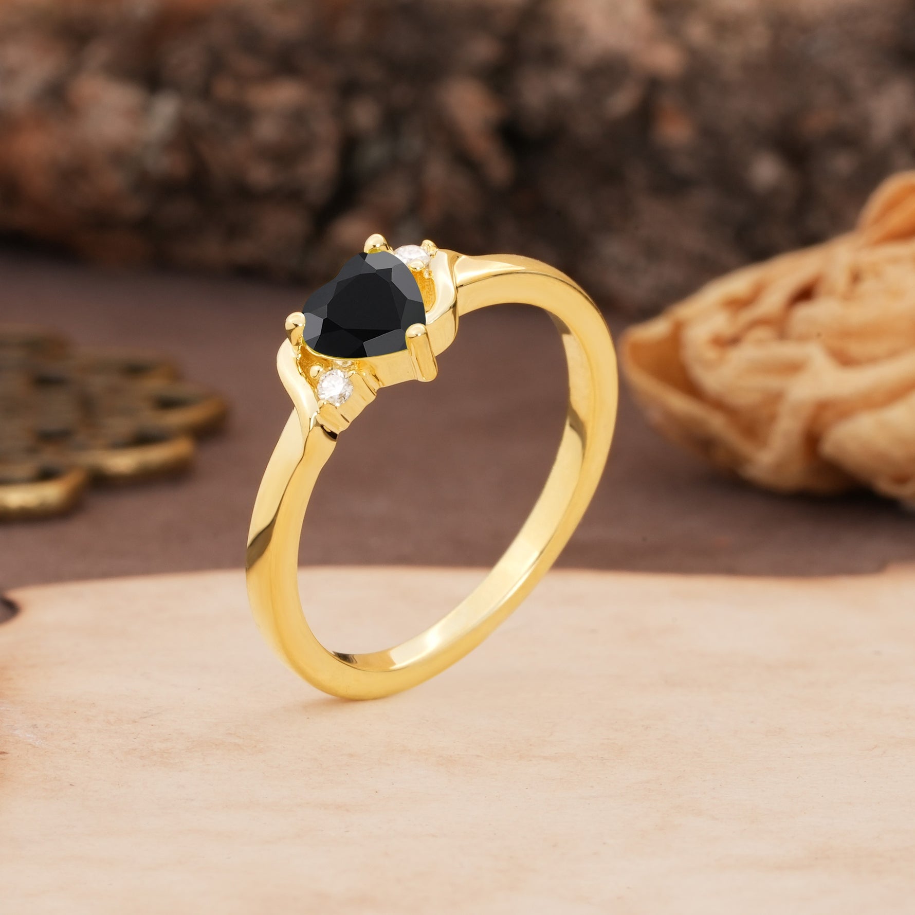 Unique Twisted 3-Prong Heart Cut Black Onyx Engagement Ring - Additional view