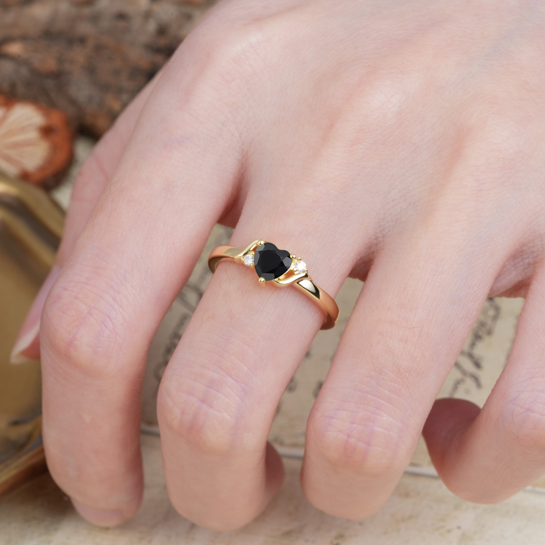 Unique Twisted 3-Prong Heart Cut Black Onyx Engagement Ring - Additional view